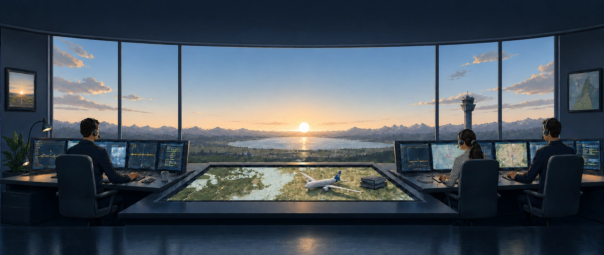 A virtual aviation operations team monitoring flights at sunrise